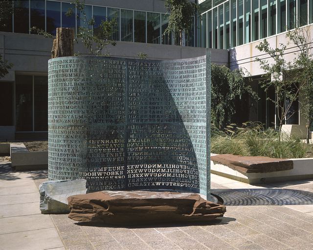 Image of the sculpture "Kryptos" by James Sanborn which stands outside the CIA headquarters in Langley, Virgiinia